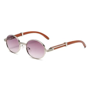 Metal Oval-Frame Sunglasses With A Wood-Grain Finish