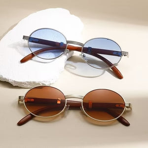 Metal Oval-Frame Sunglasses With A Wood-Grain Finish