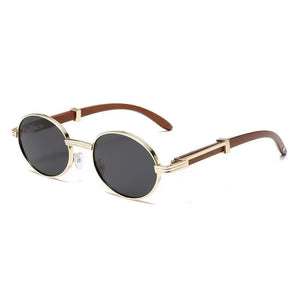 Metal Oval-Frame Sunglasses With A Wood-Grain Finish