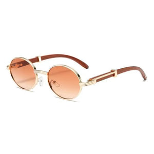 Metal Oval-Frame Sunglasses With A Wood-Grain Finish